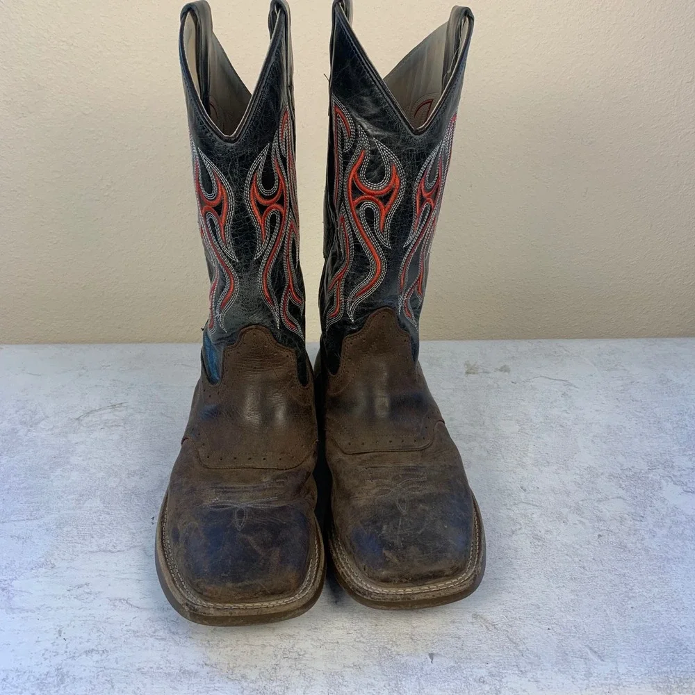 Old West Boys 5.5D Cowboy Boots Brown Leather Black Red Flame Embroidery BSY1868